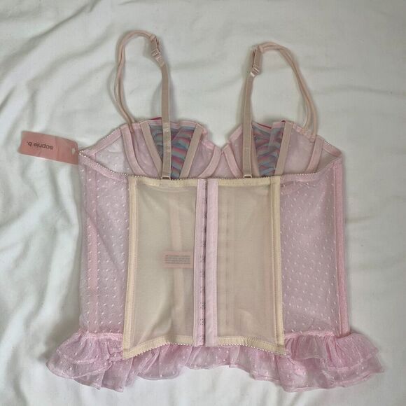 Y2K Rainbow Bustier Corset Tank Top M Pink Mesh Lace Ruffle Boned Kawaii Cute - Picture 8 of 10